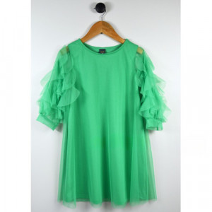 ATUT Zaļa tilla kleita ar īsām dekoratīvām piedurknēm, 0150 | KIDO.LV