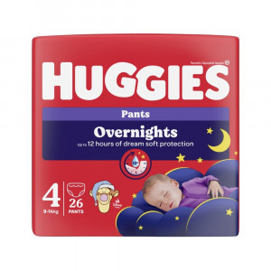 HUGGIES nakts biksītes OVERNIGHT 4.izm., 9-14kg, 26gb | KIDO.LV